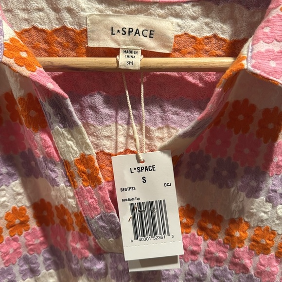 NWT L*Space Striped Floral Crop Polo Top in Pink, Orange and White Small - Picture 2 of 5